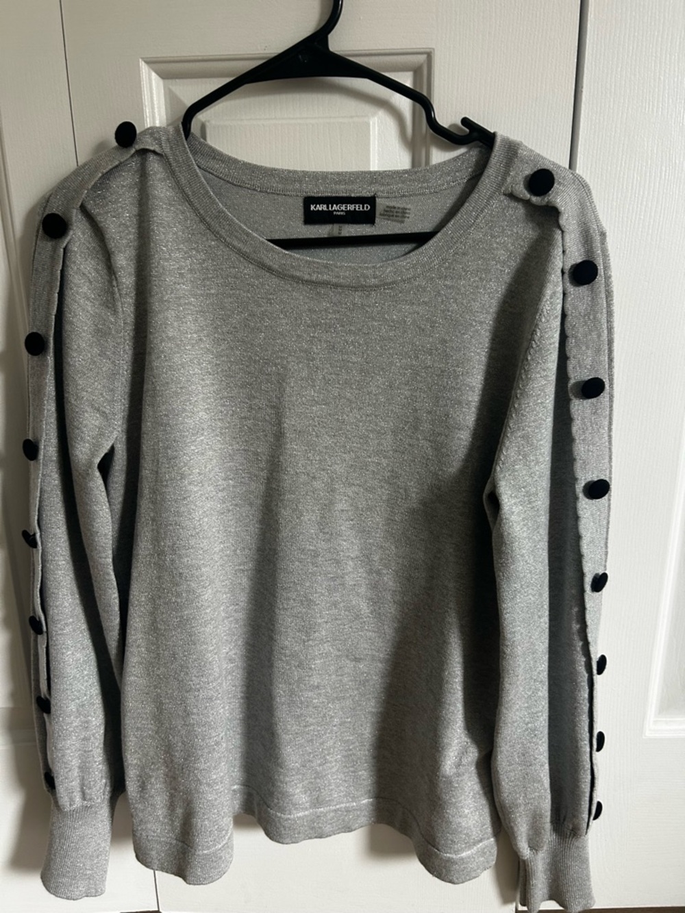 Karl Lagerfeld Light Gray Crewneck Sweater with Black Button Detail